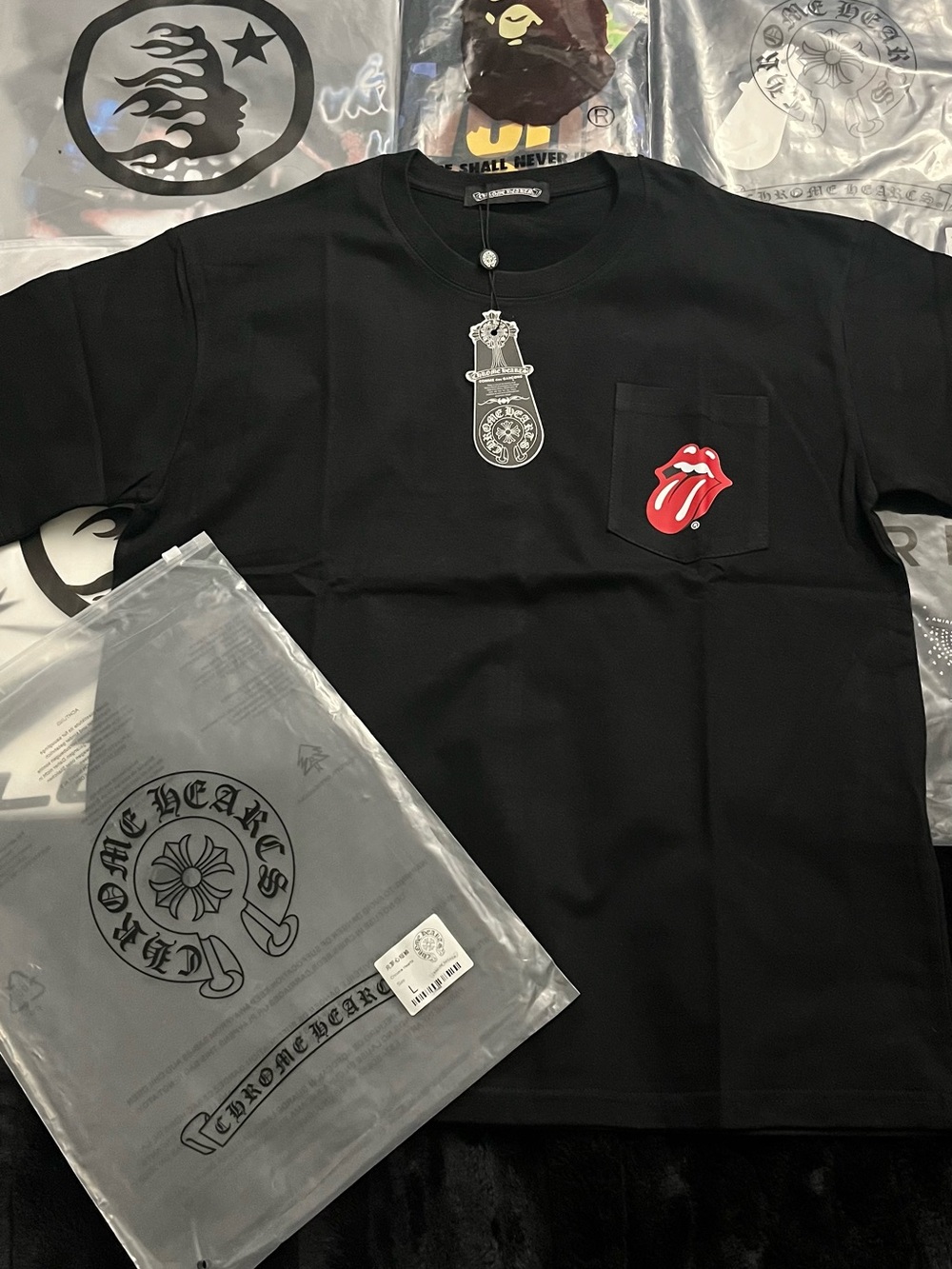 Chrome Hearts Black Short Sleeve Pocket Tee with Red Tongue Patch